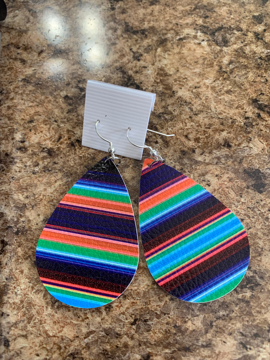 Orange blue and green striped leather earrings